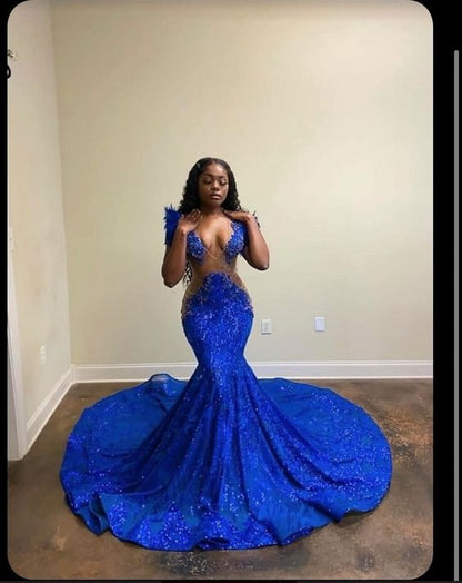 2023 Royal Blue Deep V Neck Long Prom Dresses Y1431