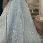 Glitter Blue Sweetheart Tulle Sequins Long Prom Dress,Sexy A-line Evening Dress Y1391