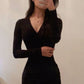 Black V Neck Bodycon Dress,Sexy Black Homecoming Dress,Long Sleeves Party Dress Y1421