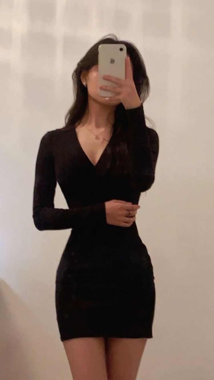 Black V Neck Bodycon Dress,Sexy Black Homecoming Dress,Long Sleeves Party Dress Y1421