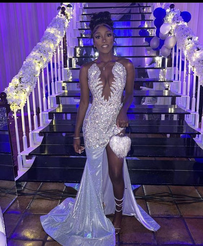 Elegant Mermaid Long Evening Dress With Slit,Sparkly Mermaid Evening Gown Y1368