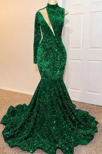 Fabulous Emerald Green Sequins Prom Dress Mermaid One Shoulder Long Sleeves Y1385