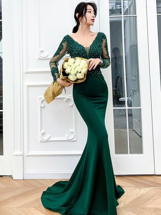 Dark Green Mermaid Beaded and Lace Mermaid Long Evening Dress Y1433