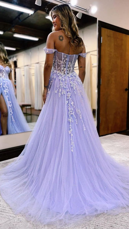 Elegant Off The Shoulder Purple Lace Long Prom Dress Y1452