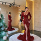 Modern Mermaid Scoop Neck Long Sleeves Dark Red Sequin Long Prom Evening Dresses Y1430