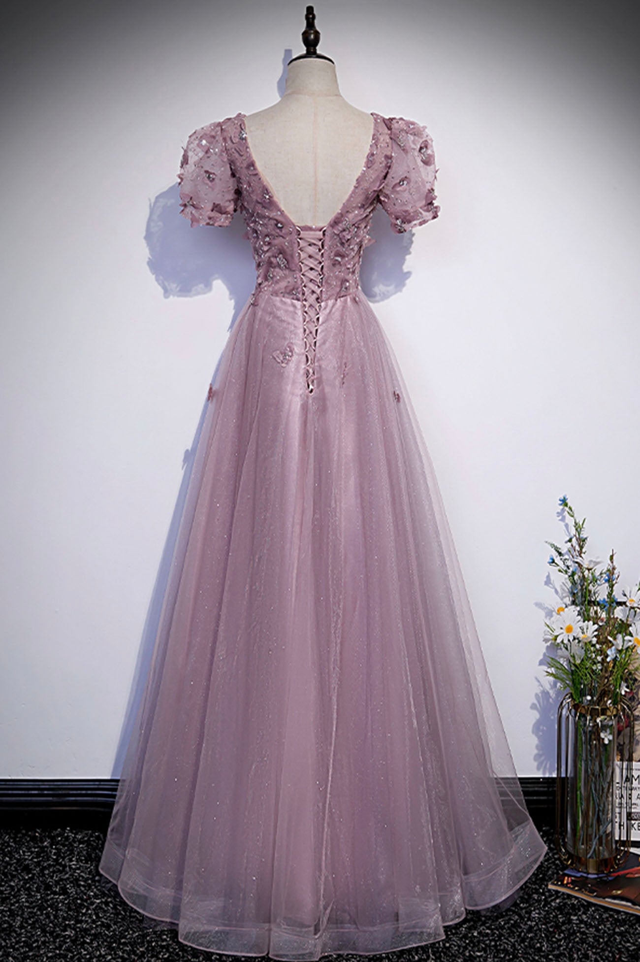 Pink tulle sequins long prom dress pink evening dress s61