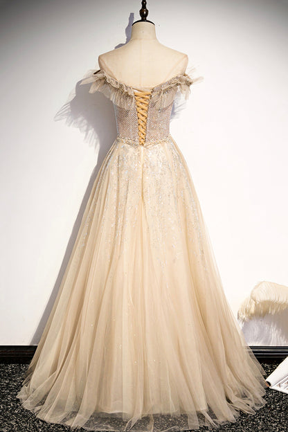 Champagne tulle beads long prom dress formal dress s73