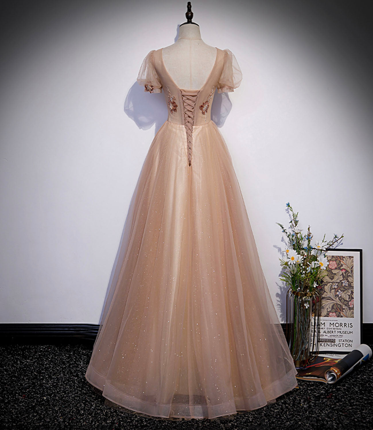Cute tulle beads long prom dress A line evening gown s63