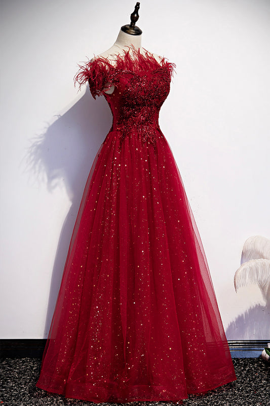 Burgundy tulle sequins long A line prom dress evening dress s69