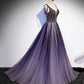 Purple v neck tulle beads long prom dress evening dress s104