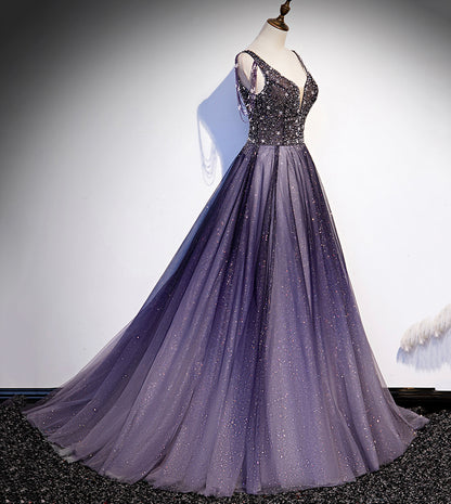 Purple v neck tulle beads long prom dress evening dress s104