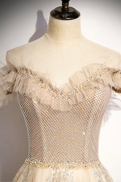 Champagne tulle beads long prom dress formal dress s73