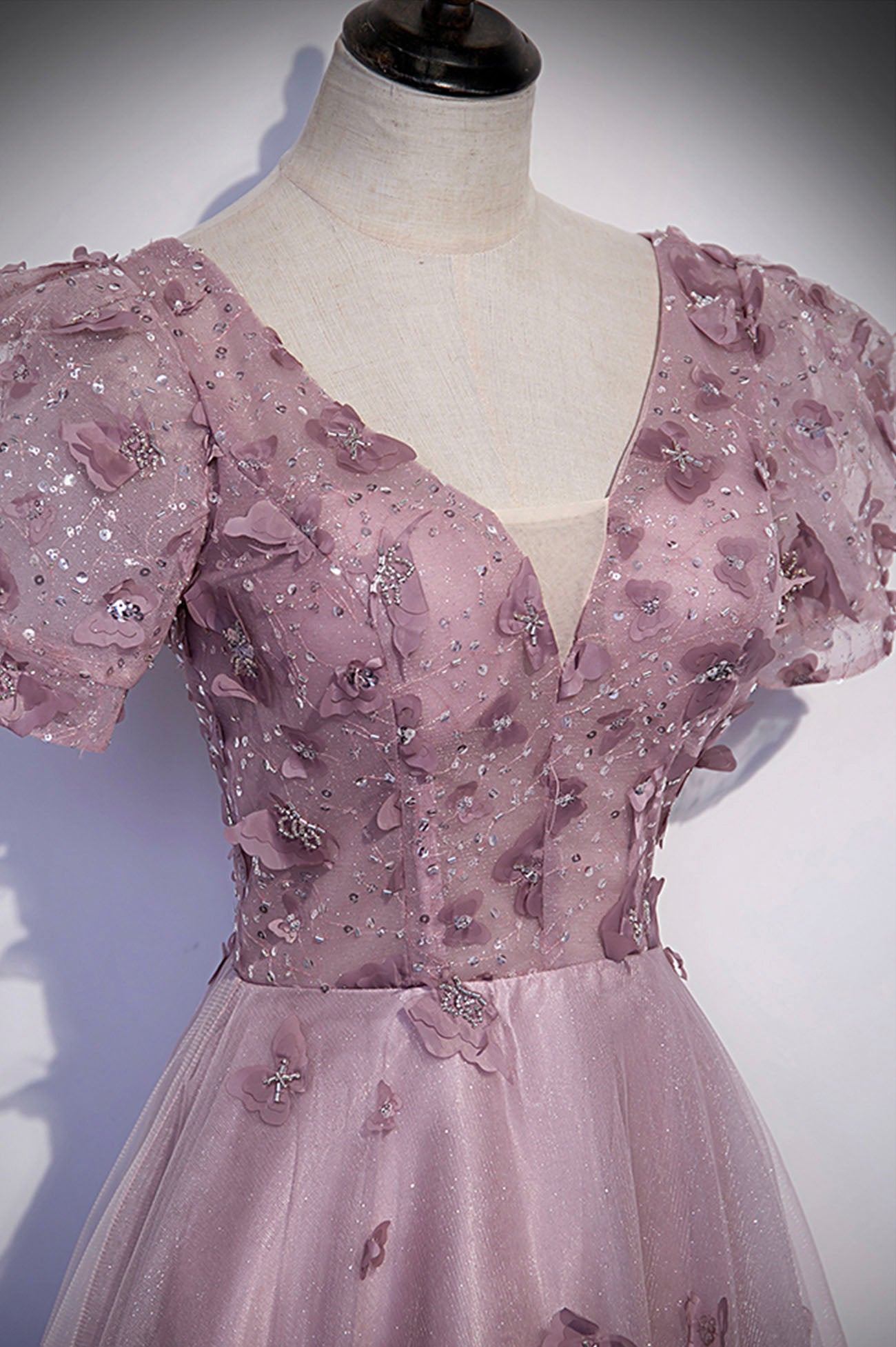 Pink tulle sequins long prom dress pink evening dress s61