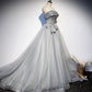 Gray tulle sequins long prom dress formal dress s81