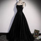 Black tulle beads long prom dress A line evening dress s58
