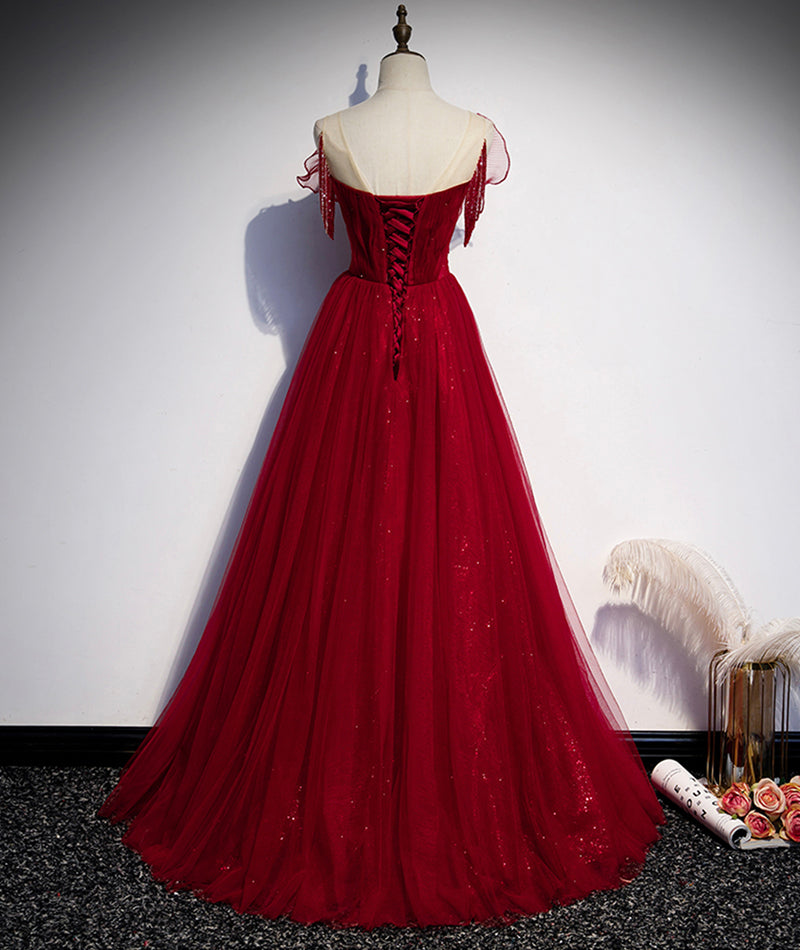 Burgundy tulle long prom dress evening dress s82