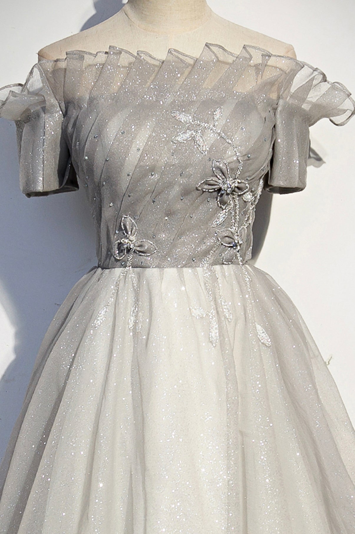 Silver tulle long prom dress formal dress s79
