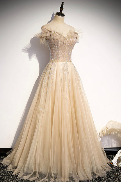 Champagne tulle beads long prom dress formal dress s73