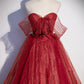 Burgundy tulle sequins long prom dress A line evening gown s55