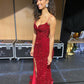 Sparkly Mermaid Sweetheart Red Sequins Long Prom Evening Dresses with Split Y1312