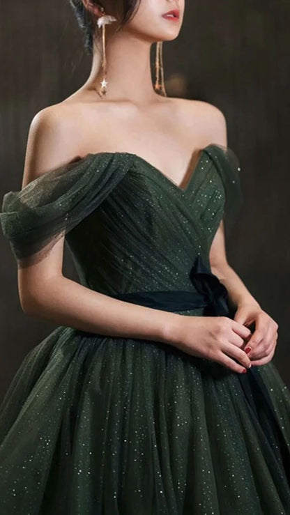 Simple green tulle long prom dress, green tulle evening dress Y1554