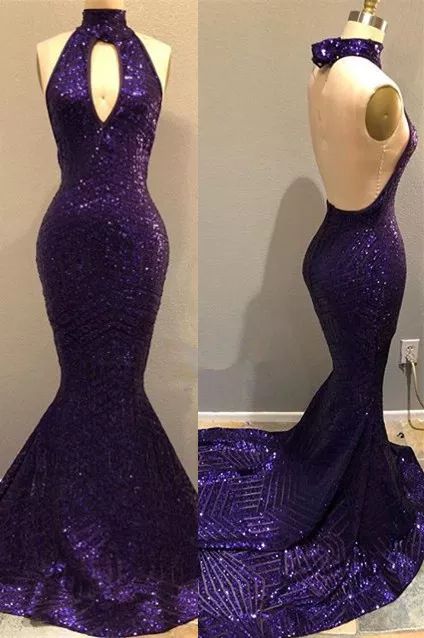 Purple Sequins Sexy Open Back Prom Dresses | Mermaid Keyhole Evening Gowns Y1529