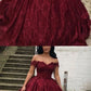 Charming Burgundy Lace Ball Gown Off Shoulder  Wedding Dresses Y1564
