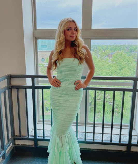 Mint Green Bandeau Fishtail Maxi Dress with Tiered Hem,Charming Mint Green Evening Dress  Y1526