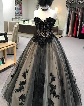 Charming Black Prom Dress,A Line Prom Dress,Appliques Tulle Prom Dress, Sexy Sweetheart Prom Dresses Y1922