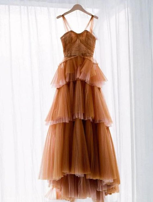 A Line Long Brown Tulle Prom Dresses Y1911