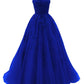 Royal Blue Spaghetti Strap Prom Dress Ball Gown Lace Appliques Wedding Tulle Long Dress Princess Formal Evening Dress Y1905