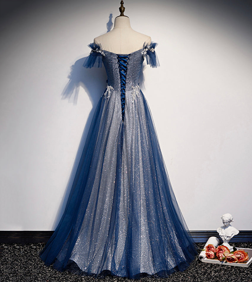 Shiny tulle sequins long prom dress blue evening dress s102