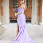 Lilac Off The Shoulder Pleated Side Slit Long Prom Evening Dresses Y1287