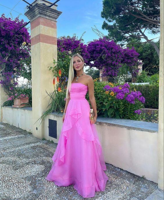 Elegant Strapless A-line Pink Prom Dress,Stunning Pink Formal Gown Y1301