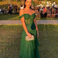 Off the Shoulder A Line Green Tulle Prom Dresses Y1302