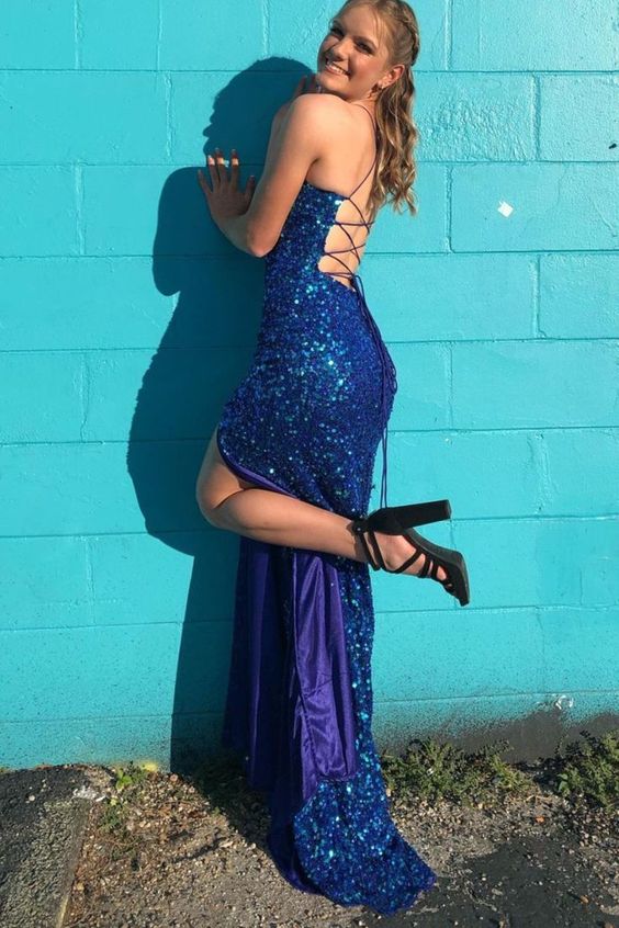 Sparkly Mermaid Scoop Neck Straps Royal Blue Prom Dress With Slit, Evening Dress Y1265