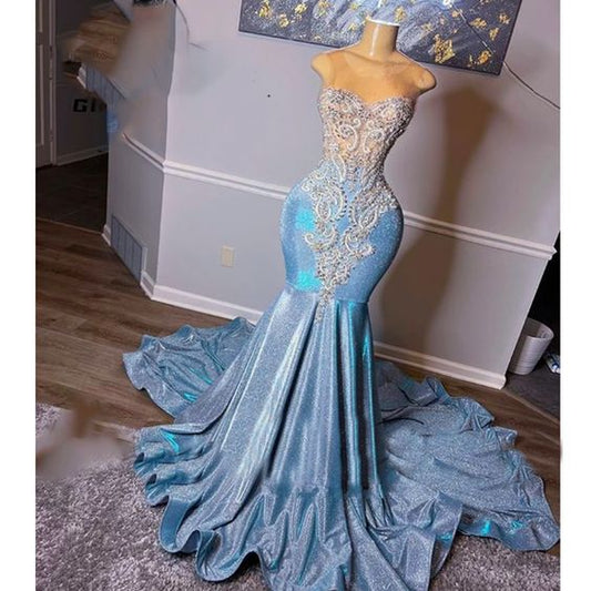 Light blue prom dresses, crystal evening dresses, sequins evening gowns, mermaid prom dresses, court train evening dresses Y1593