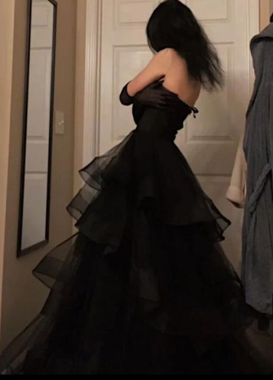 Sweetheart Black Rufflue Long Prom Evening Dress Y1624