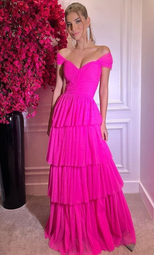 Hot Pink Off The Shoulder Prom Dresses Long Evening Gowns Y1617