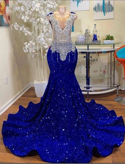 Royal blue prom dresses, crystal prom dresses, beaded prom dresses, mermaid evening dresses, sequins party dresses, mermaid evening gowns Y1595