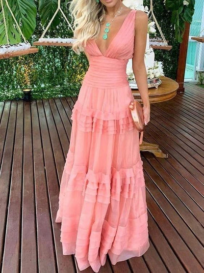 Sexy v-neck pink ruffles prom dresses chiffon pleated evening dress Y1347
