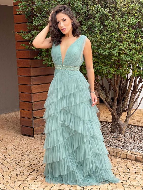 Generous A-line V Neck Tulle Prom Dress,Formal Gown Y1346
