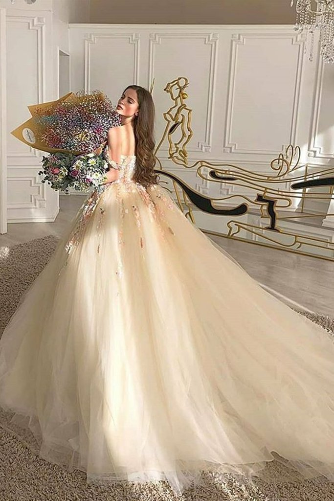 Gorgeous Off Shoulder Champagne Lace Floral Prom Dress, Long 3D Flower Champagne Formal Evening Dress, Champagne Ball Gown S20716