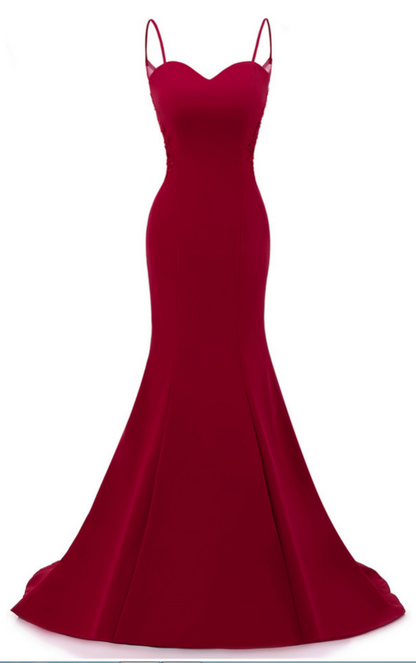Dark Red Straps Long Prom Dresses, Mermaid Evening Dresses, Dark Red Formal Dresses Y1037