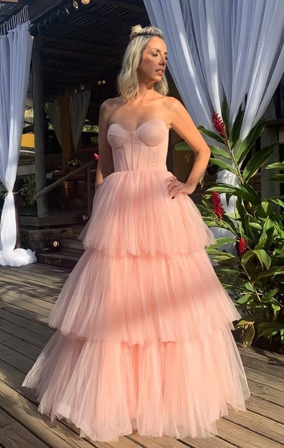 Modest Pink Strapless Tiered Tulle Prom Dress, Pink Formal Prom Gown,Wedding Reception Dress Y1051