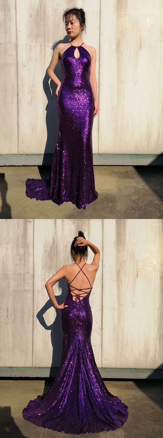 Sparkly Gorgeous Mermaid Jewel Purple Keyhole Sequined Long Prom Dress Glitter Evening Dress Y1038