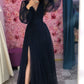 Women's Black Prom Dress With Puffy Sleeves,Elegant Black V Neck Long Evening Dress Y1083