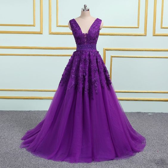 Purple v neck tulle long prom dress, purple tulle formal dress Y868