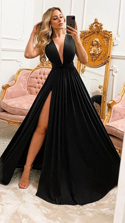 Black Deep V Neck Long Prom Dress,Sexy Formal Gown Y1035