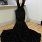 Black Halter Neck Mermaid Evening Dress With 3D Flower Sexy Formal Gown Y982